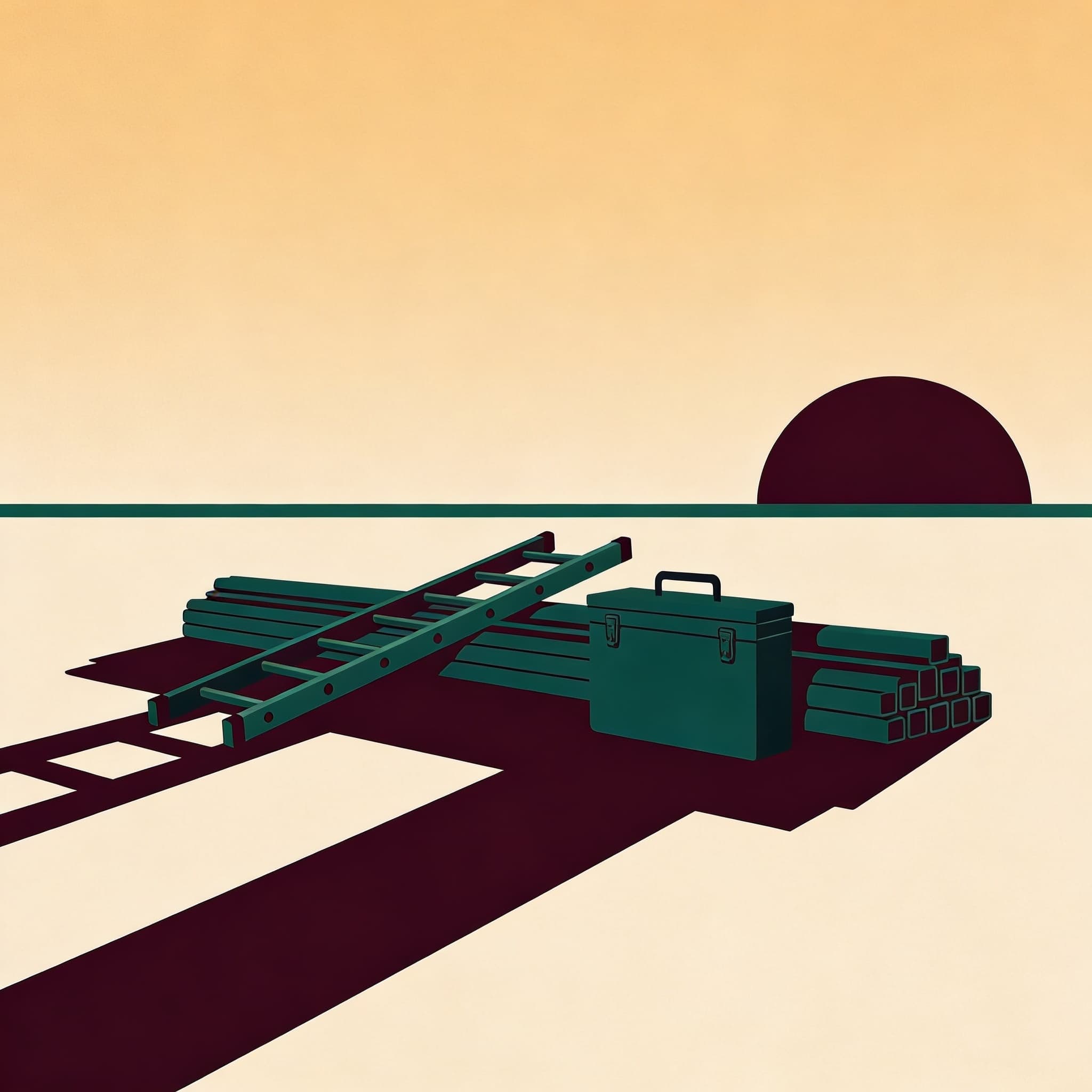A ladder, toolbox, and stacked materials staged on the ground with long shadows as the sun sets.