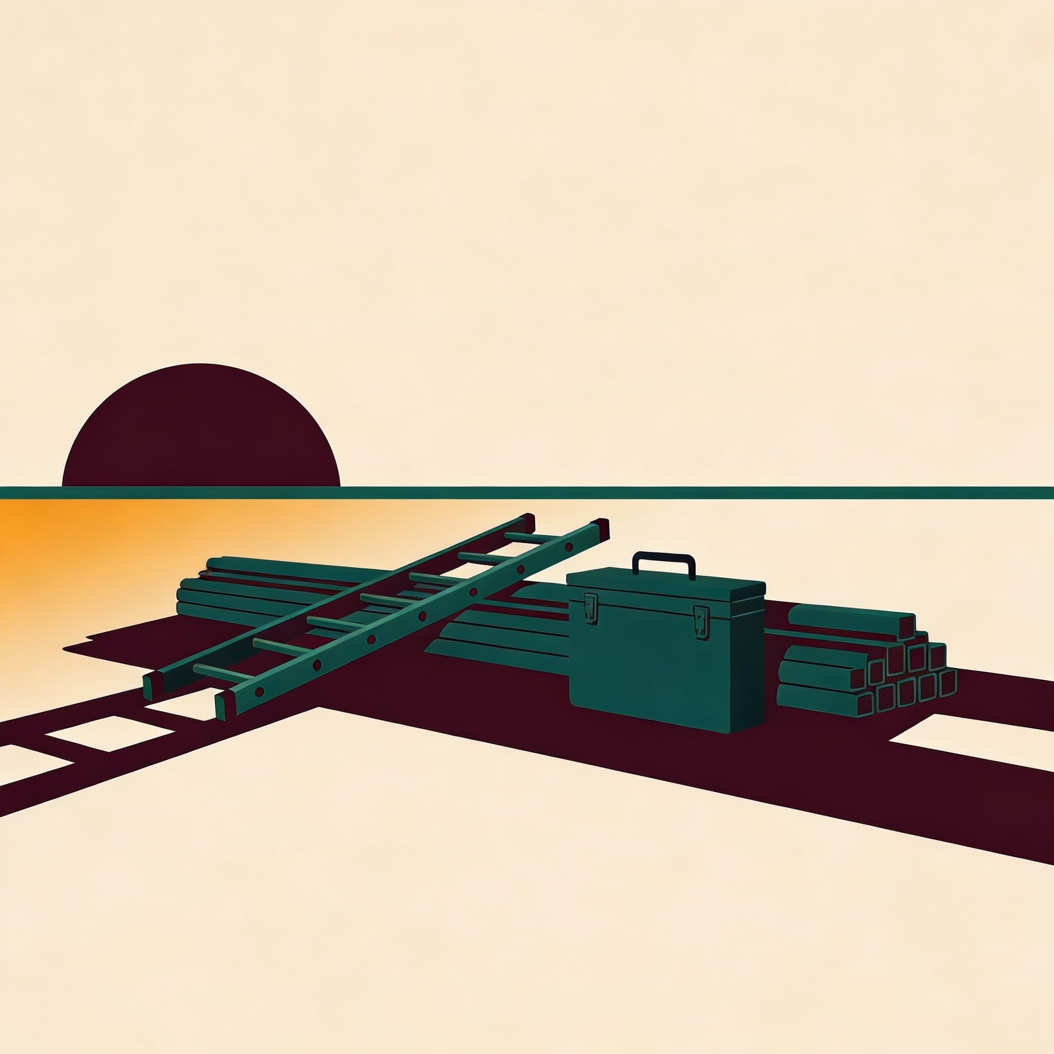 The same equipment staged at sunrise, shadows now pointing the other way, the new day beginning.