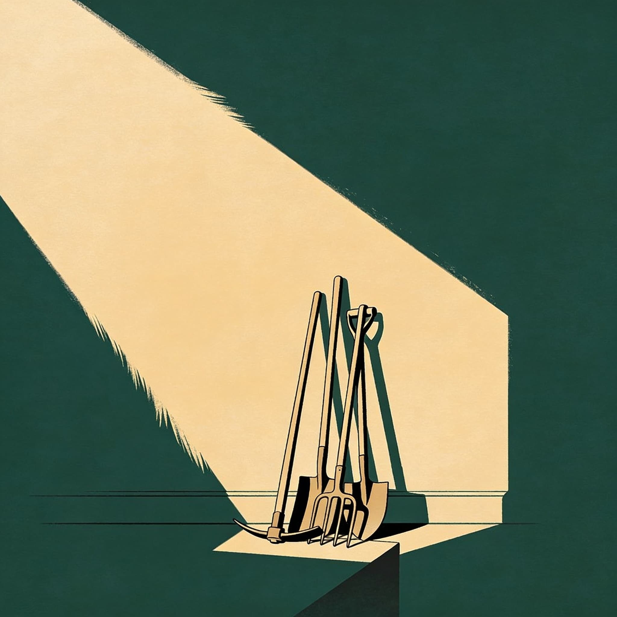 A set of old tools collecting dust in a shaft of light from an empty room.