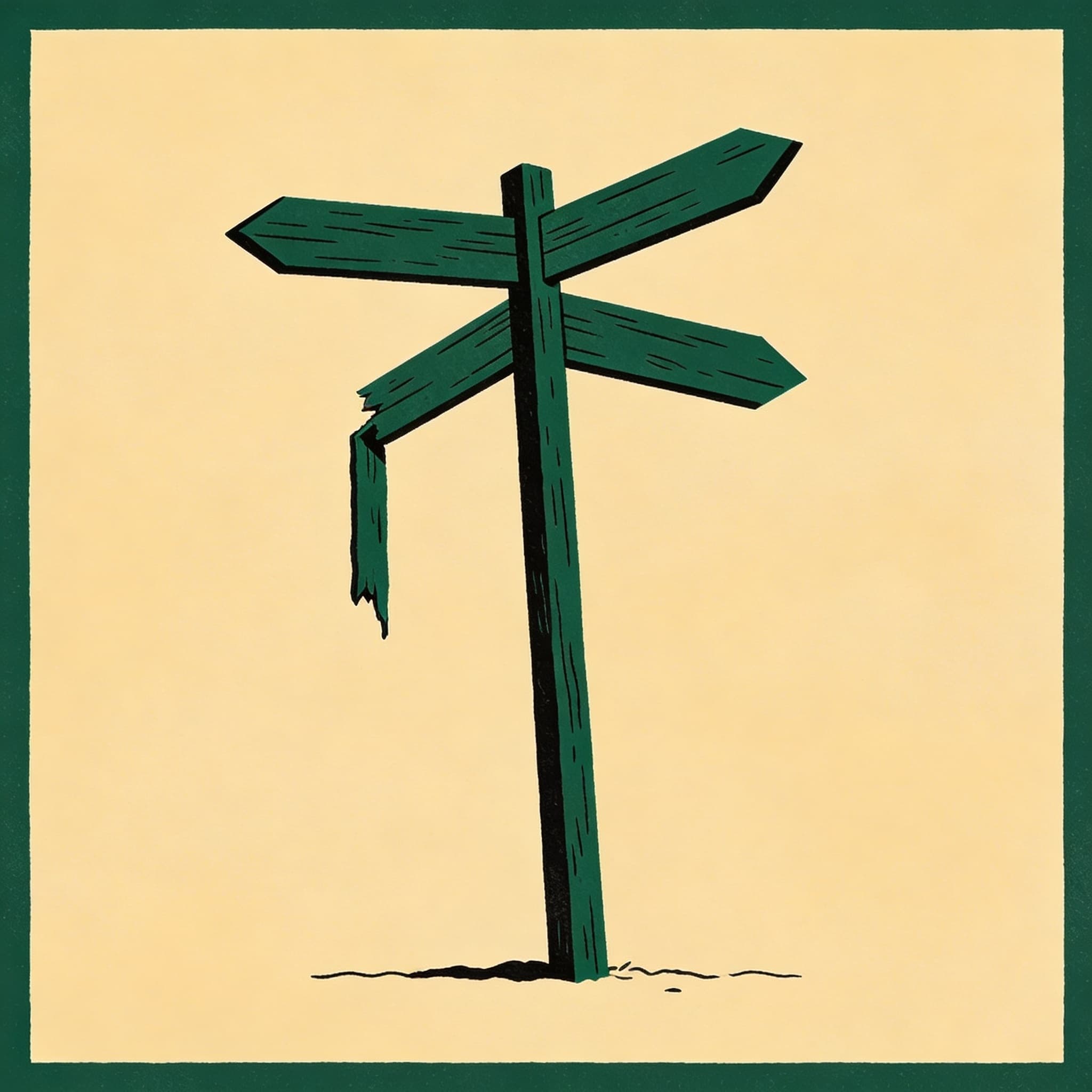 A broken signpost in an empty field, arrows pointing in conflicting directions.