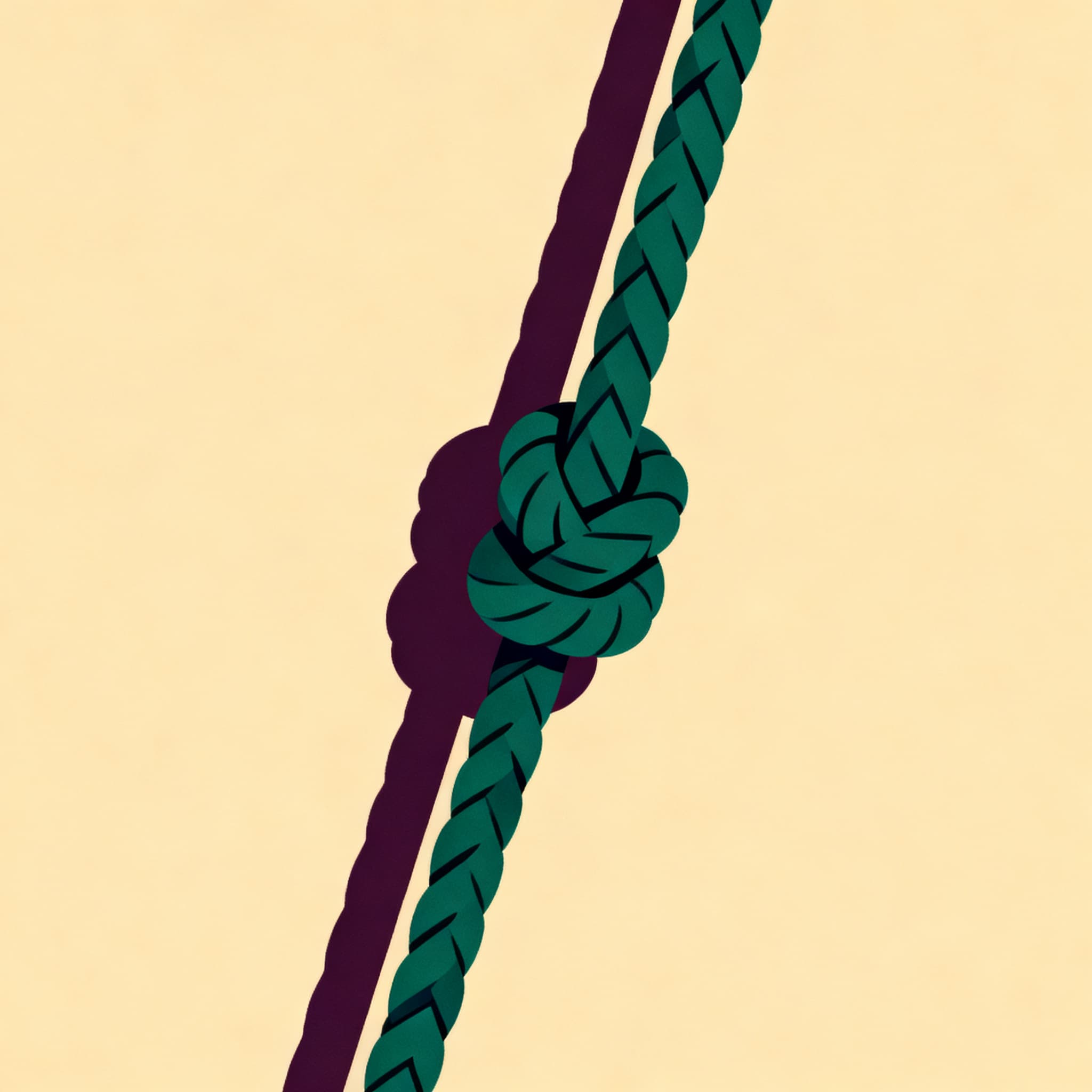 A braided rope tied in a deliberate knot, joining two strands.