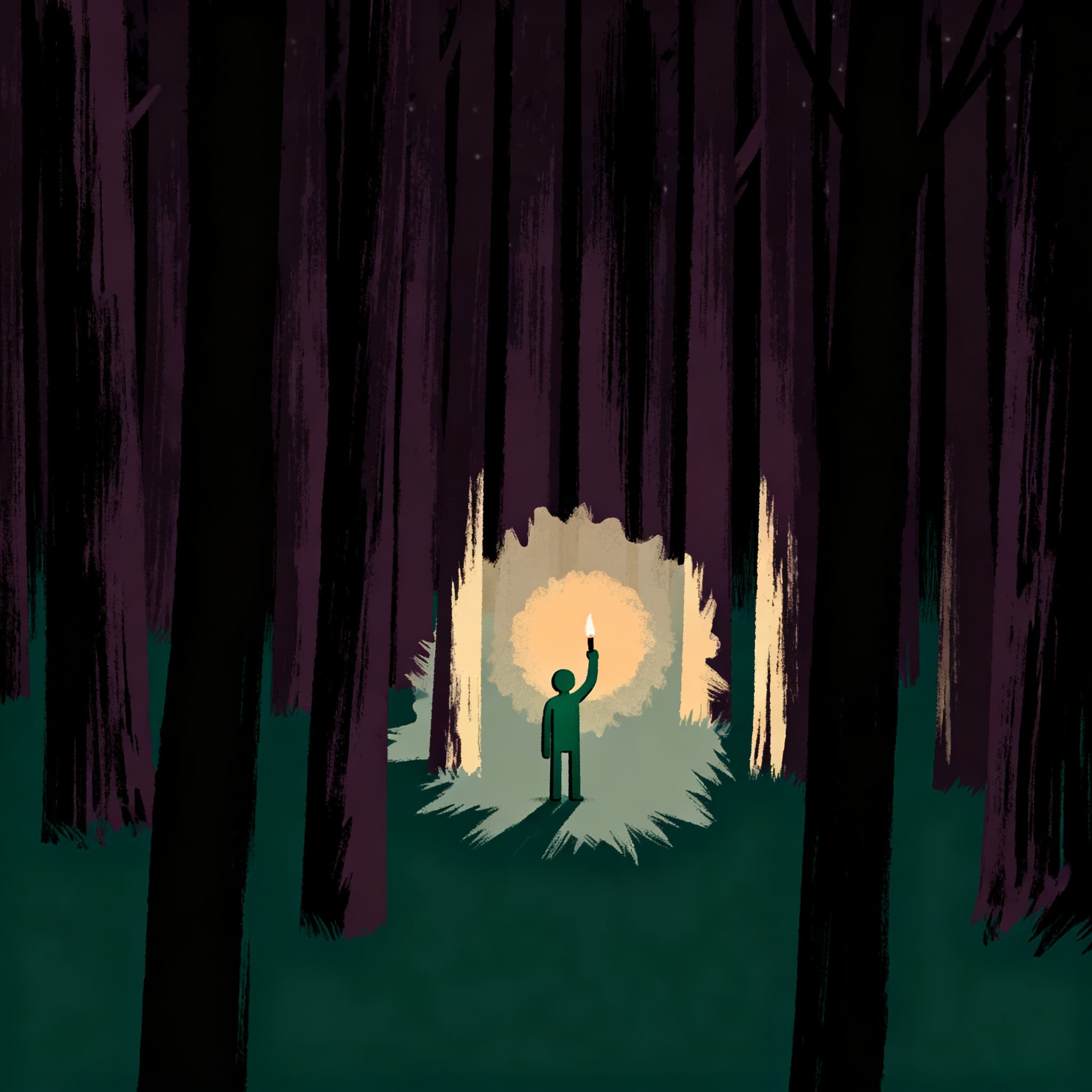 A small figure carries a torch through a dark forest.