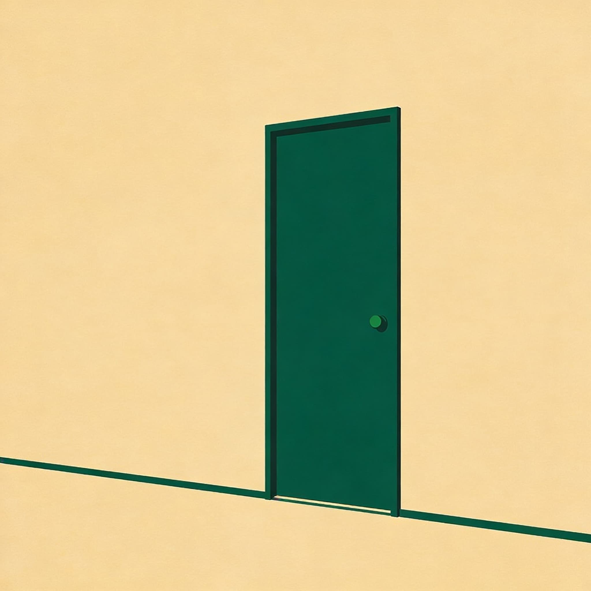 A closed door standing alone, the threshold of an unfamiliar home.