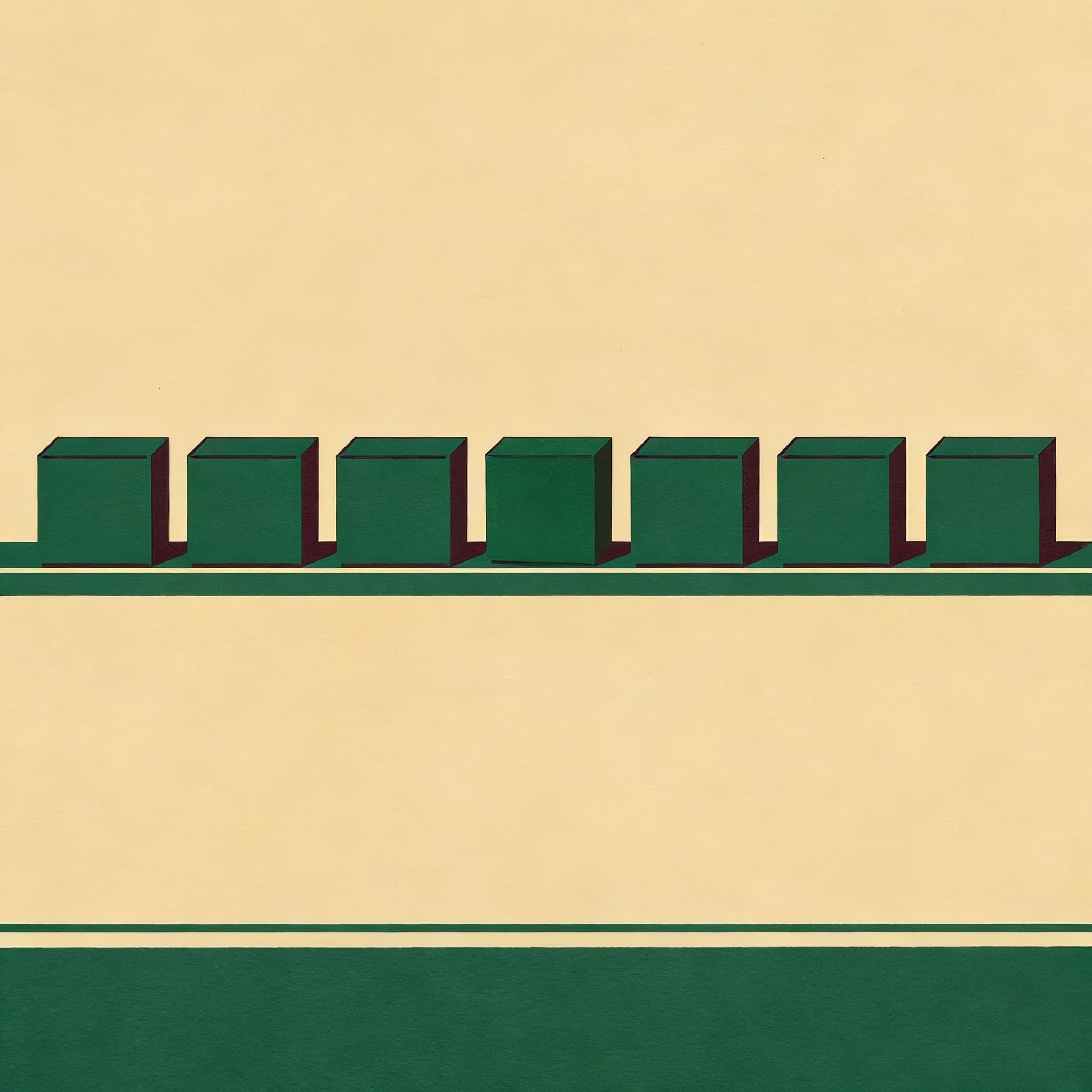 The row of items now in clean order, every item aligned, the error from the first scene corrected.